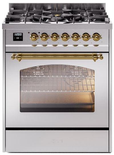 ILVE Nostalgie II 30" Dual Fuel Natural Gas Range, Stainless Steel, Brass Trim UP30NMPSSG