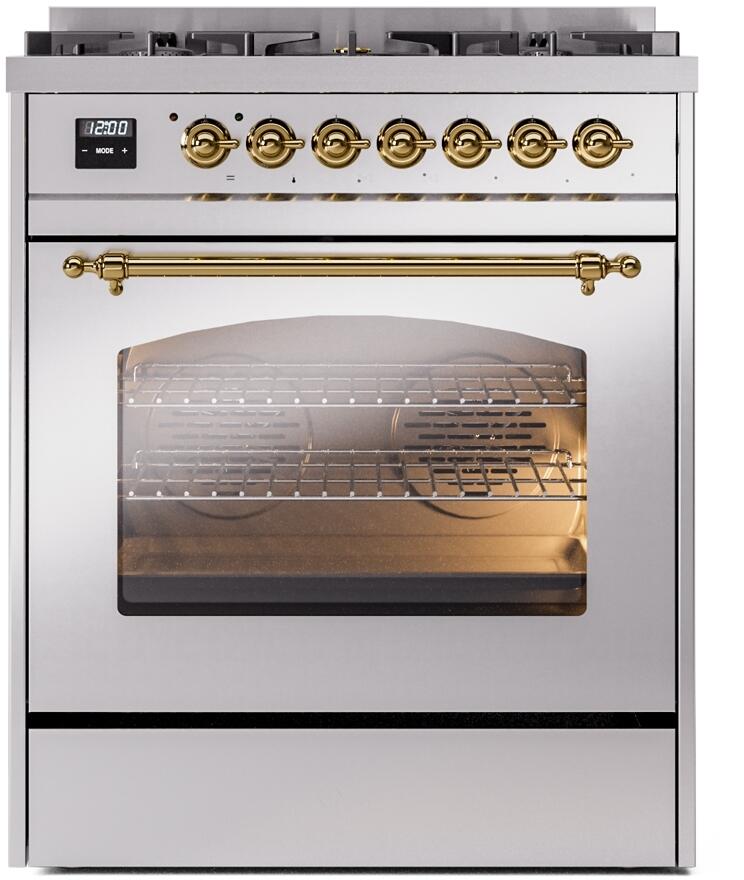 ILVE Nostalgie II 30" Dual Fuel Natural Gas Range, Stainless Steel, Brass Trim UP30NMPSSG