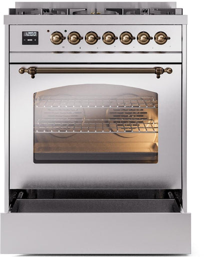 ILVE Nostalgie II 30" Dual Fuel Natural Gas Range, Stainless Steel, Bronze Trim UP30NMPSSB