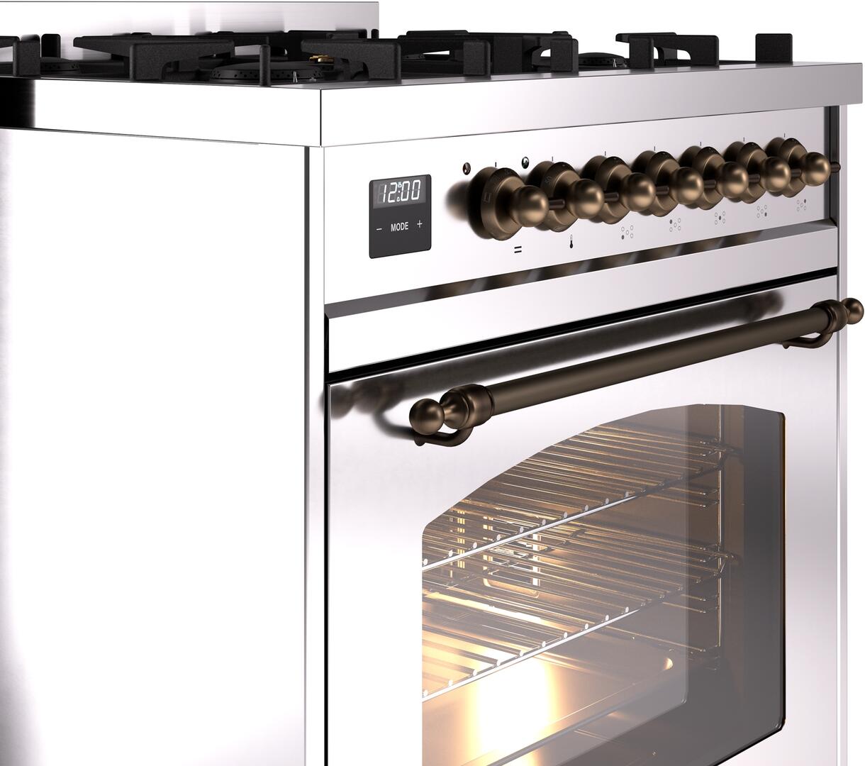 ILVE Nostalgie II 30" Dual Fuel Natural Gas Range, Stainless Steel, Bronze Trim UP30NMPSSB