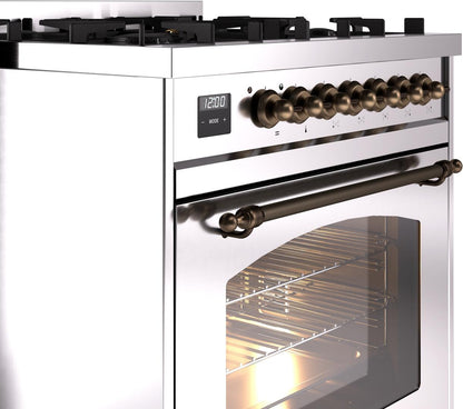 ILVE Nostalgie II 30" Dual Fuel Natural Gas Range, Stainless Steel, Bronze Trim UP30NMPSSB