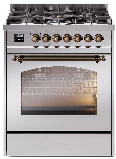 ILVE Nostalgie II 30" Dual Fuel Natural Gas Range, Stainless Steel, Bronze Trim UP30NMPSSB