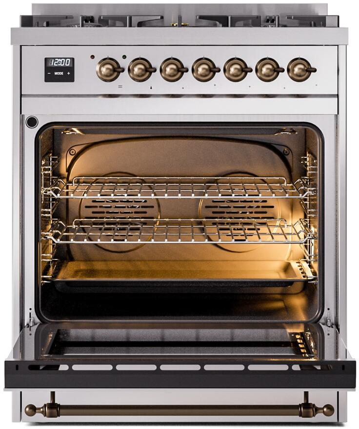 ILVE Nostalgie II 30" Dual Fuel Natural Gas Range, Stainless Steel, Bronze Trim UP30NMPSSB
