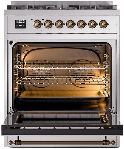 ILVE Nostalgie II 30" Dual Fuel Natural Gas Range, Stainless Steel, Bronze Trim UP30NMPSSB