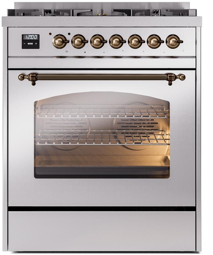 ILVE Nostalgie II 30" Dual Fuel Natural Gas Range, Stainless Steel, Bronze Trim UP30NMPSSB