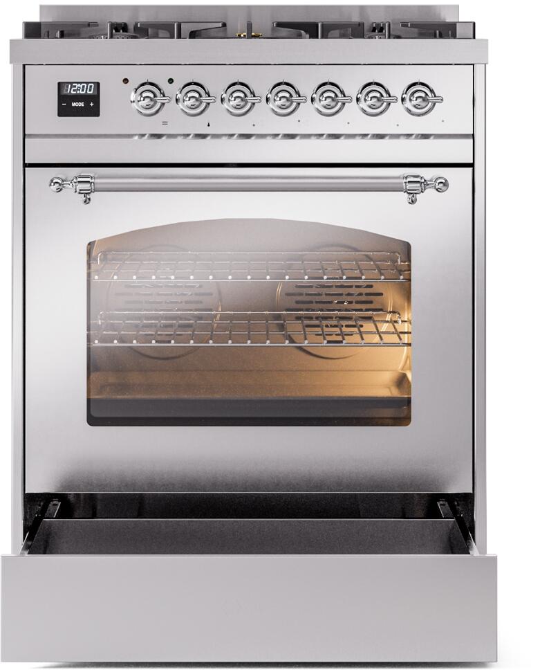 ILVE Nostalgie II 30" Dual Fuel Natural Gas Range, Stainless Steel, Chrome Trim UP30NMPSSC