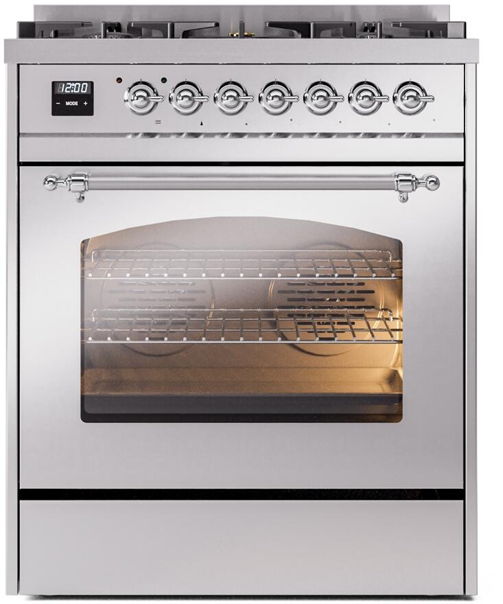 ILVE Nostalgie II 30" Dual Fuel Natural Gas Range, Stainless Steel, Chrome Trim UP30NMPSSC