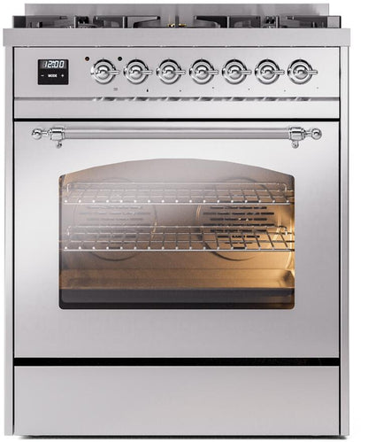 ILVE Nostalgie II 30" Dual Fuel Natural Gas Range, Stainless Steel, Chrome Trim UP30NMPSSC