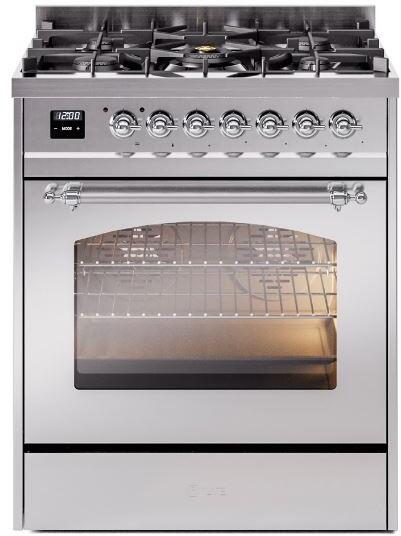 ILVE Nostalgie II 30" Dual Fuel Natural Gas Range, Stainless Steel, Chrome Trim UP30NMPSSC