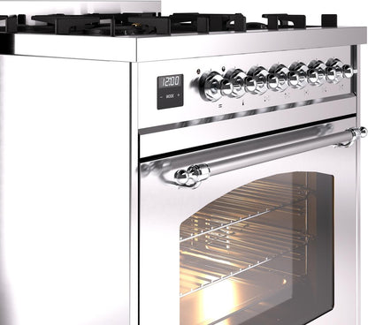 ILVE Nostalgie II 30" Dual Fuel Natural Gas Range, Stainless Steel, Chrome Trim UP30NMPSSC