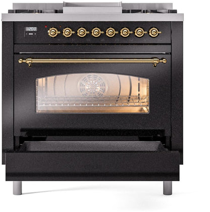 ILVE Nostalgie II 36" Dual Fuel Liquid Propane Range, Glossy Black , Brass Trim UP36FNMPBKGLP
