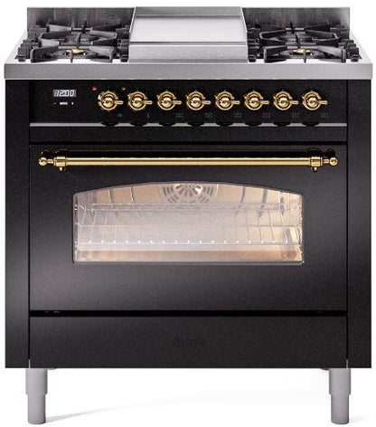 ILVE Nostalgie II 36" Dual Fuel Liquid Propane Range, Glossy Black , Brass Trim UP36FNMPBKGLP