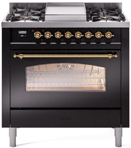 ILVE Nostalgie II 36" Dual Fuel Liquid Propane Range, Glossy Black , Brass Trim UP36FNMPBKGLP