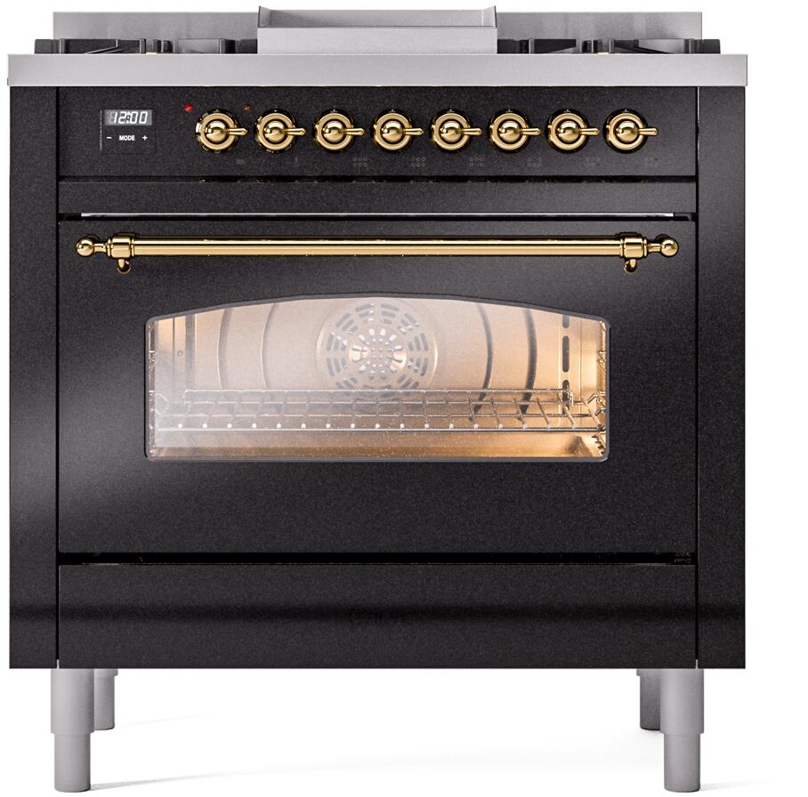 ILVE Nostalgie II 36" Dual Fuel Liquid Propane Range, Glossy Black , Brass Trim UP36FNMPBKGLP