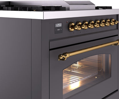 ILVE Nostalgie II 36" Dual Fuel Liquid Propane Range, Matte Graphite, Brass Trim UP36FNMPMGGLP
