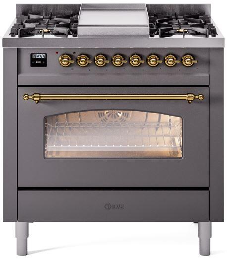 ILVE Nostalgie II 36" Dual Fuel Liquid Propane Range, Matte Graphite, Brass Trim UP36FNMPMGGLP