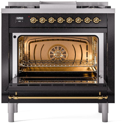 ILVE Nostalgie II 36" Dual Fuel Natural Gas Range, Glossy Black , Brass Trim UP36FNMPBKG