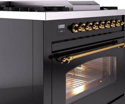 ILVE Nostalgie II 36" Dual Fuel Natural Gas Range, Glossy Black , Brass Trim UP36FNMPBKG