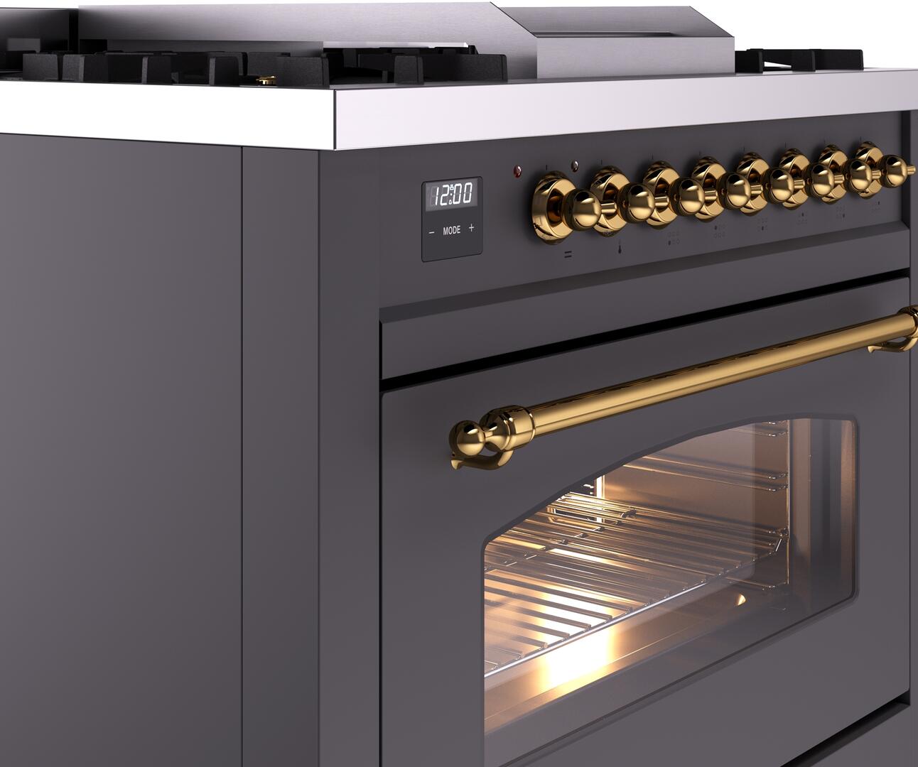 ILVE Nostalgie II 36" Dual Fuel Natural Gas Range, Matte Graphite, Brass Trim UP36FNMPMGG