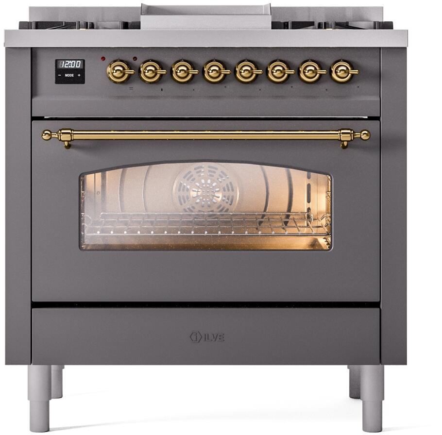 ILVE Nostalgie II 36" Dual Fuel Natural Gas Range, Matte Graphite, Brass Trim UP36FNMPMGG