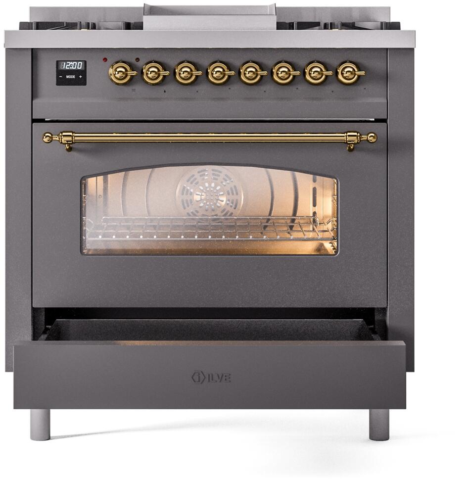 ILVE Nostalgie II 36" Dual Fuel Natural Gas Range, Matte Graphite, Brass Trim UP36FNMPMGG