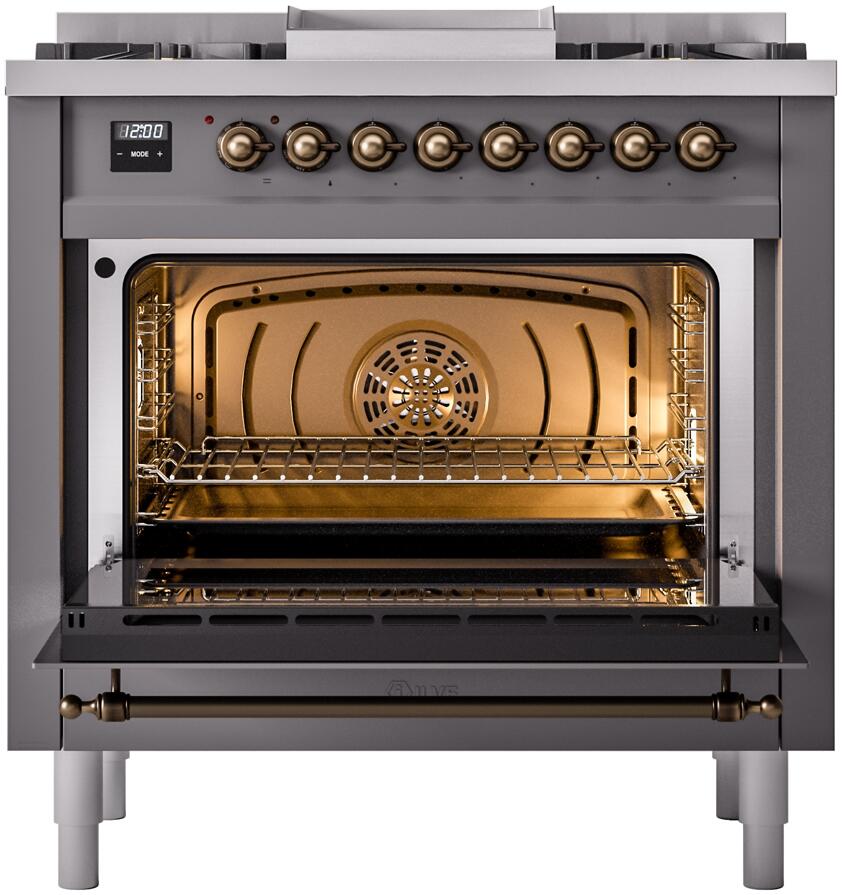 ILVE Nostalgie II 36" Dual Fuel Natural Gas Range, Matte Graphite, Bronze Trim UP36FNMPMGB
