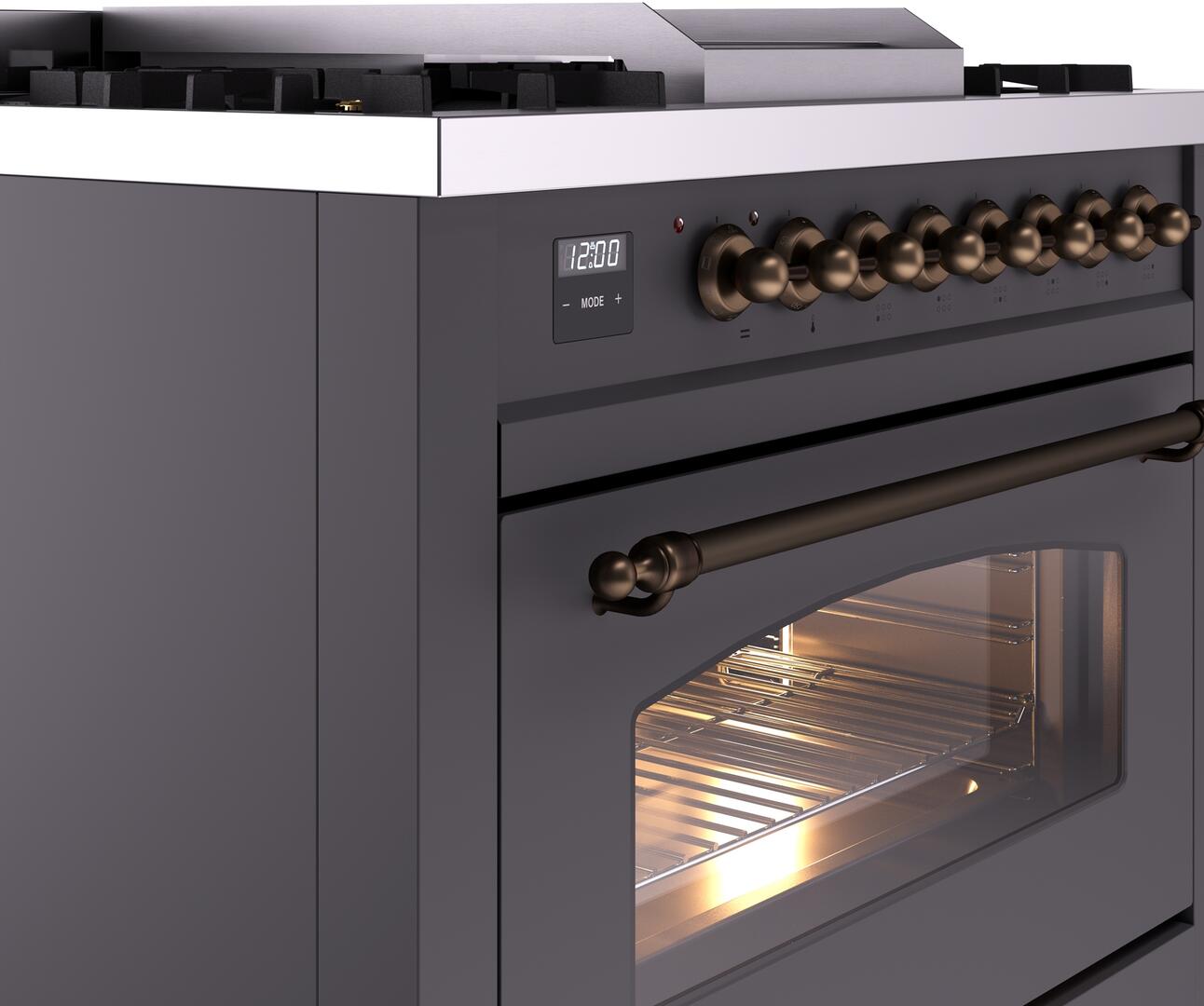 ILVE Nostalgie II 36" Dual Fuel Natural Gas Range, Matte Graphite, Bronze Trim UP36FNMPMGB