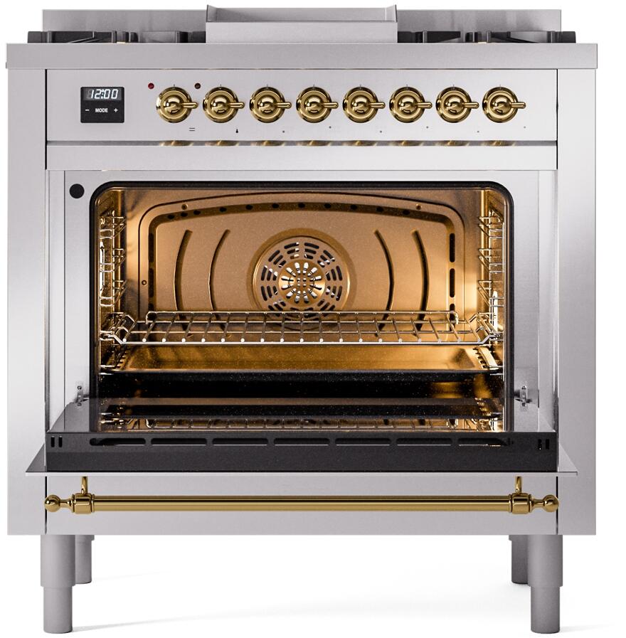 ILVE Nostalgie II 36" Dual Fuel Natural Gas Range, Stainless Steel , Brass Trim UP36FNMPSSG