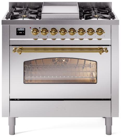 ILVE Nostalgie II 36" Dual Fuel Natural Gas Range, Stainless Steel , Brass Trim UP36FNMPSSG