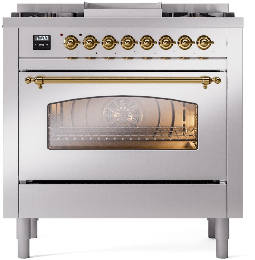 ILVE Nostalgie II 36" Dual Fuel Natural Gas Range, Stainless Steel , Brass Trim UP36FNMPSSG