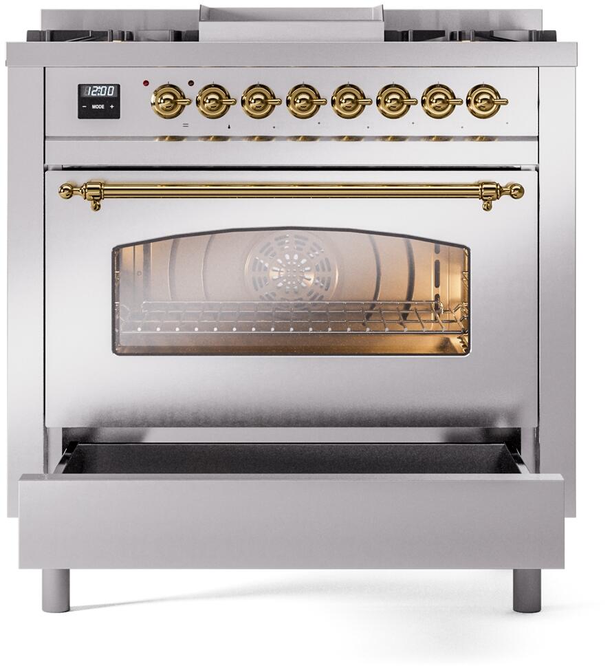 ILVE Nostalgie II 36" Dual Fuel Natural Gas Range, Stainless Steel , Brass Trim UP36FNMPSSG