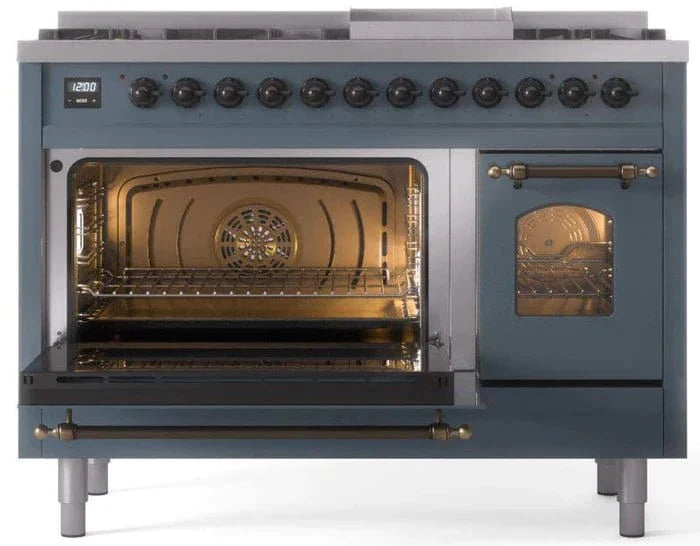 ILVE Nostalgie II 48" Dual Fuel Liquid Propane Range, Blue Grey, Bronze Trim UP48FNMPBGBLP
