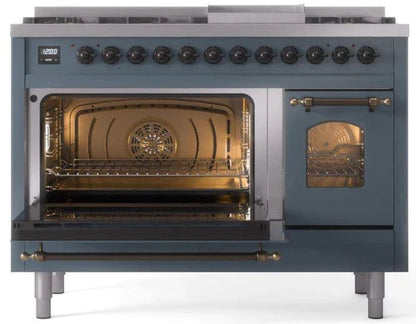 ILVE Nostalgie II 48" Dual Fuel Liquid Propane Range, Blue Grey, Bronze Trim UP48FNMPBGBLP