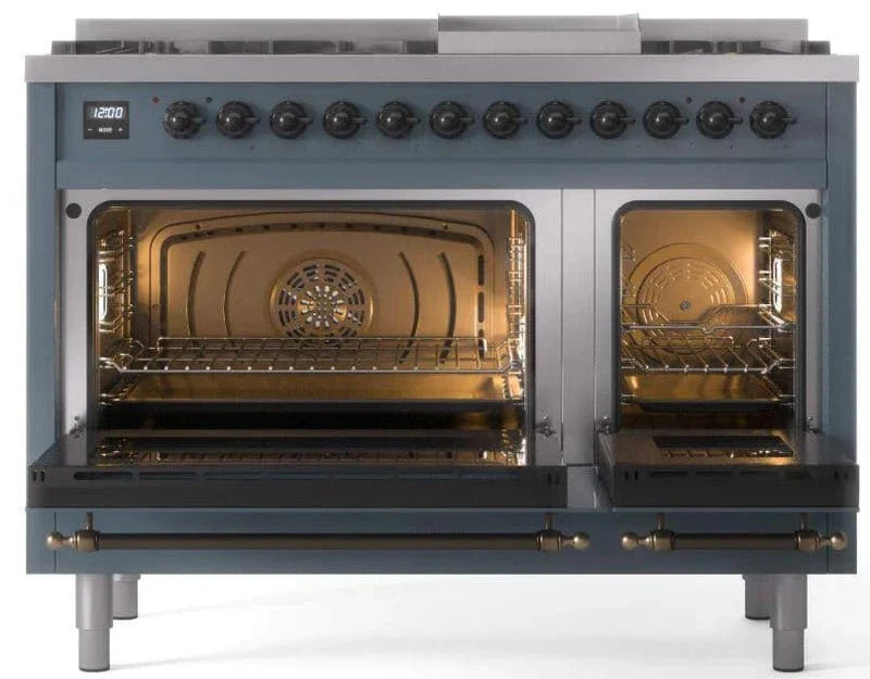 ILVE Nostalgie II 48" Dual Fuel Liquid Propane Range, Blue Grey, Bronze Trim UP48FNMPBGBLP