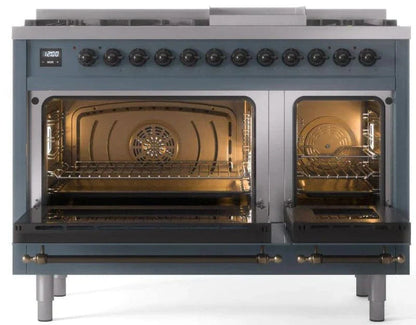 ILVE Nostalgie II 48" Dual Fuel Liquid Propane Range, Blue Grey, Bronze Trim UP48FNMPBGBLP