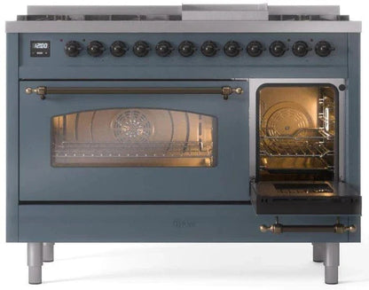 ILVE Nostalgie II 48" Dual Fuel Liquid Propane Range, Blue Grey, Bronze Trim UP48FNMPBGBLP