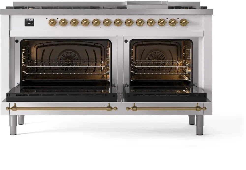 ILVE Nostalgie II 60" Dual Fuel Liquid Propane Range, White, Brass Trim UP60FNMPWHGLP