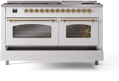 ILVE Nostalgie II 60" Dual Fuel Liquid Propane Range, White, Brass Trim UP60FNMPWHGLP