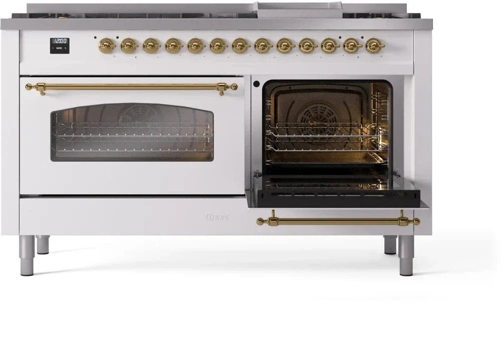 ILVE Nostalgie II 60" Dual Fuel Liquid Propane Range, White, Brass Trim UP60FNMPWHGLP