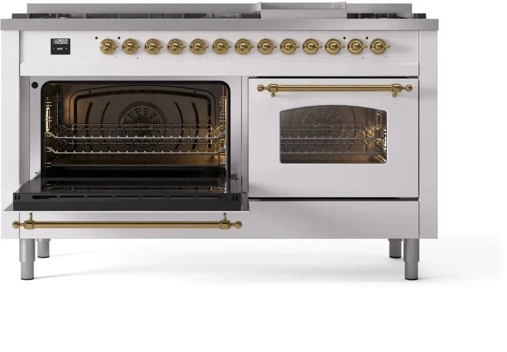 ILVE Nostalgie II 60" Dual Fuel Liquid Propane Range, White, Brass Trim UP60FNMPWHGLP